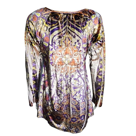 ONE WORLD Purple Orange Sublimation Long Sleeve Velvet Velour Top Womens XL - Picture 3 of 8